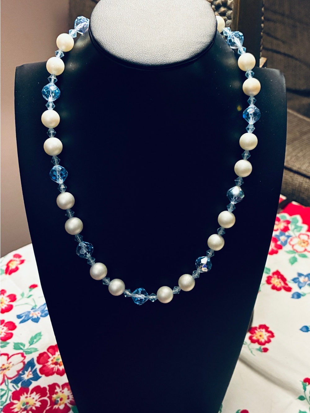 Vintage Blue Crystal or AB beads and Glass Faux Pearl Necklace 16 inches